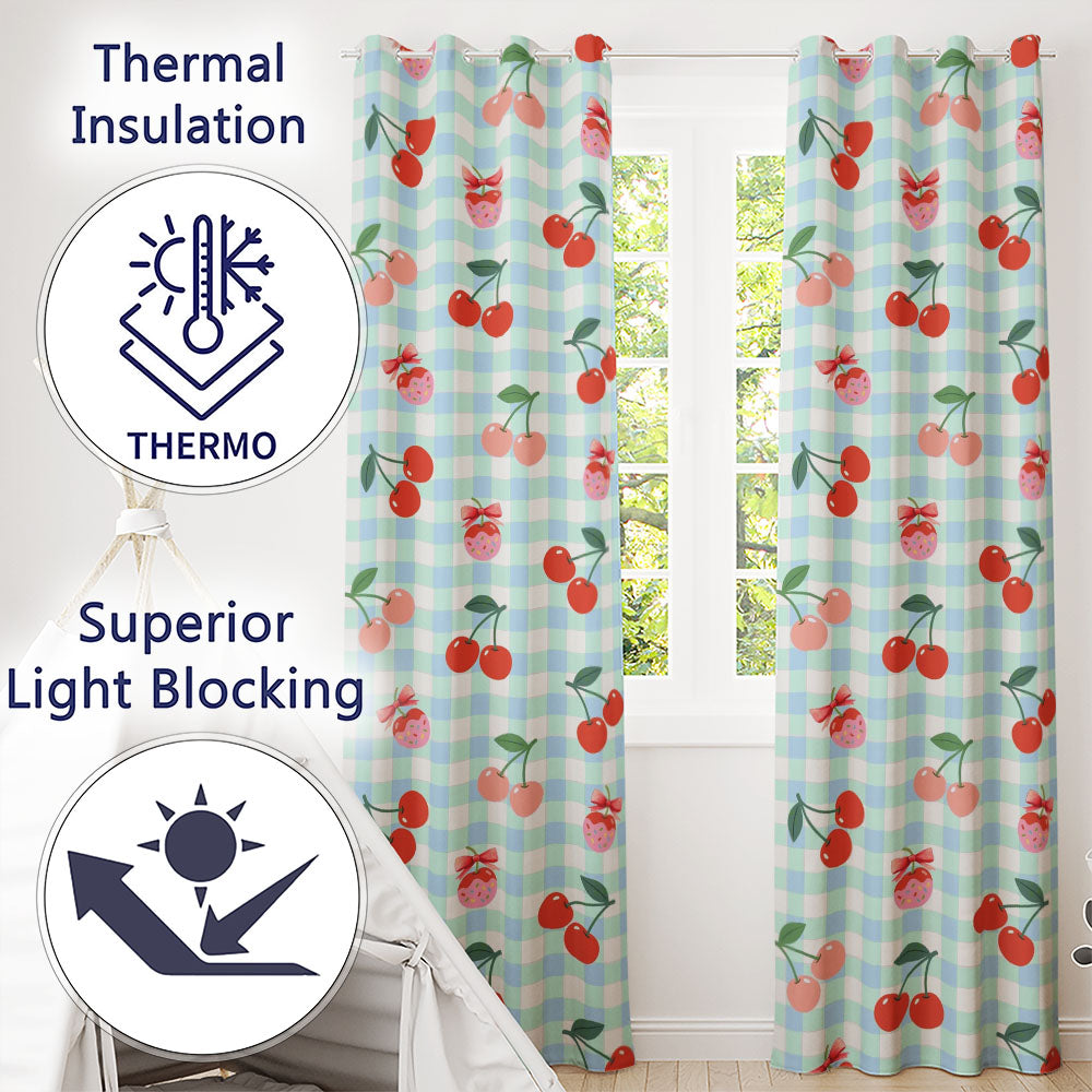 Cherry Fruit Blue Gingham Picnic Check Seamless  Readymade Eyelet Ring Top Thermal 100% Blackout Curtains