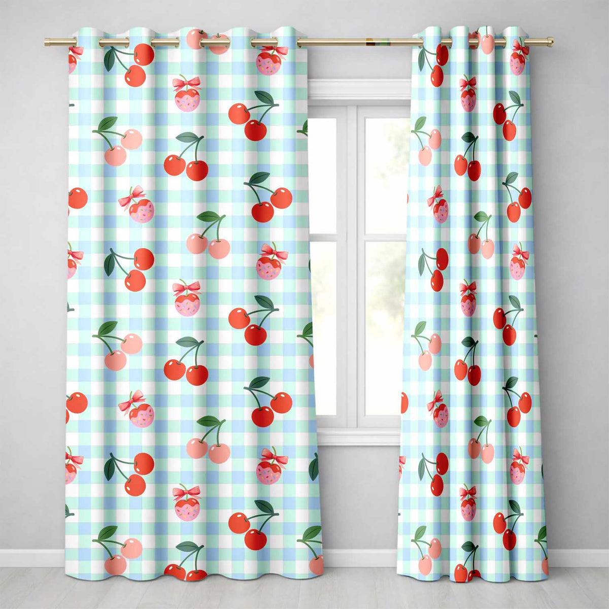 Cherry Fruit Blue Gingham Picnic Check Seamless  Readymade Eyelet Ring Top Thermal 100% Blackout Curtains