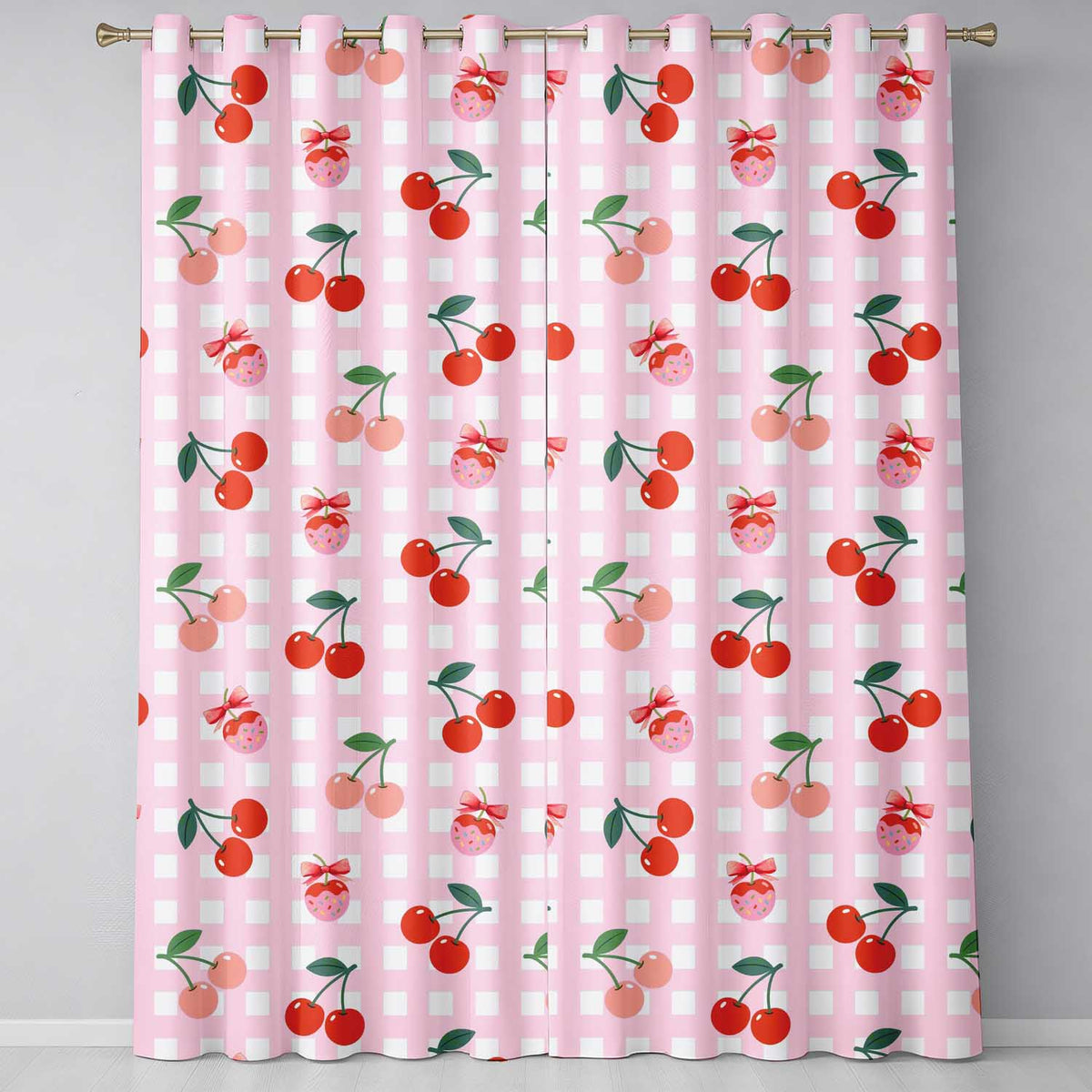 Cherry Fruit Pink Gingham Picnic Check Seamless  Readymade Eyelet Ring Top Thermal 100% Blackout Curtains