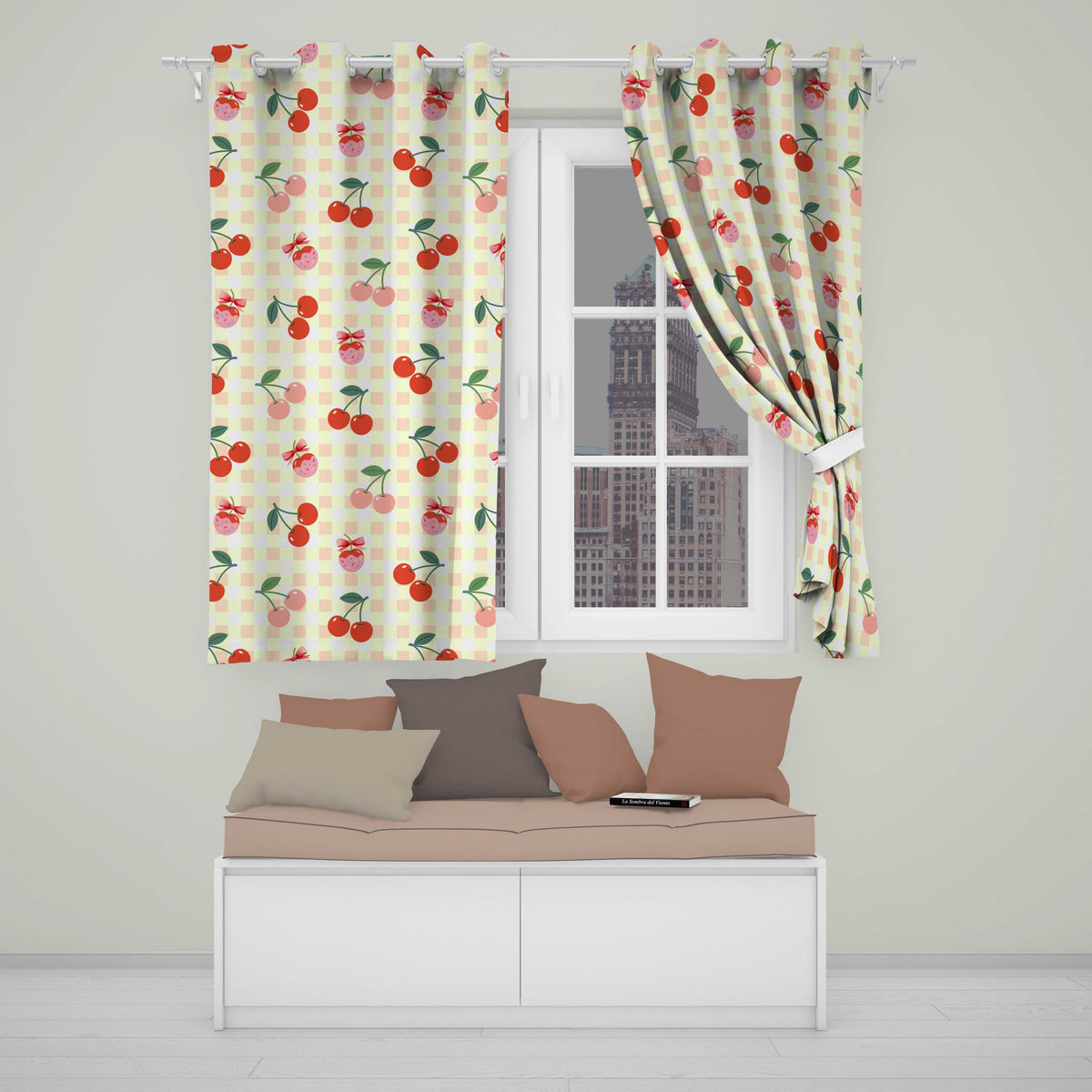 Cherry Fruit Yellow Gingham Picnic Check Seamless  Readymade Eyelet Ring Top Thermal 100% Blackout Curtains