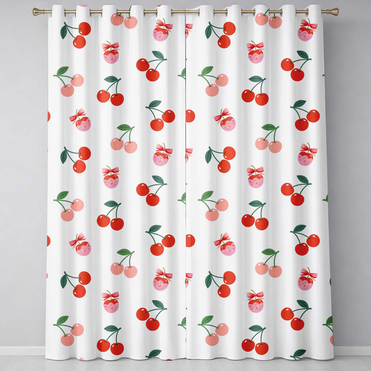 CherryFruit White Background Seamless Pattern  Readymade Eyelet Ring Top Thermal 100% Blackout Curtains