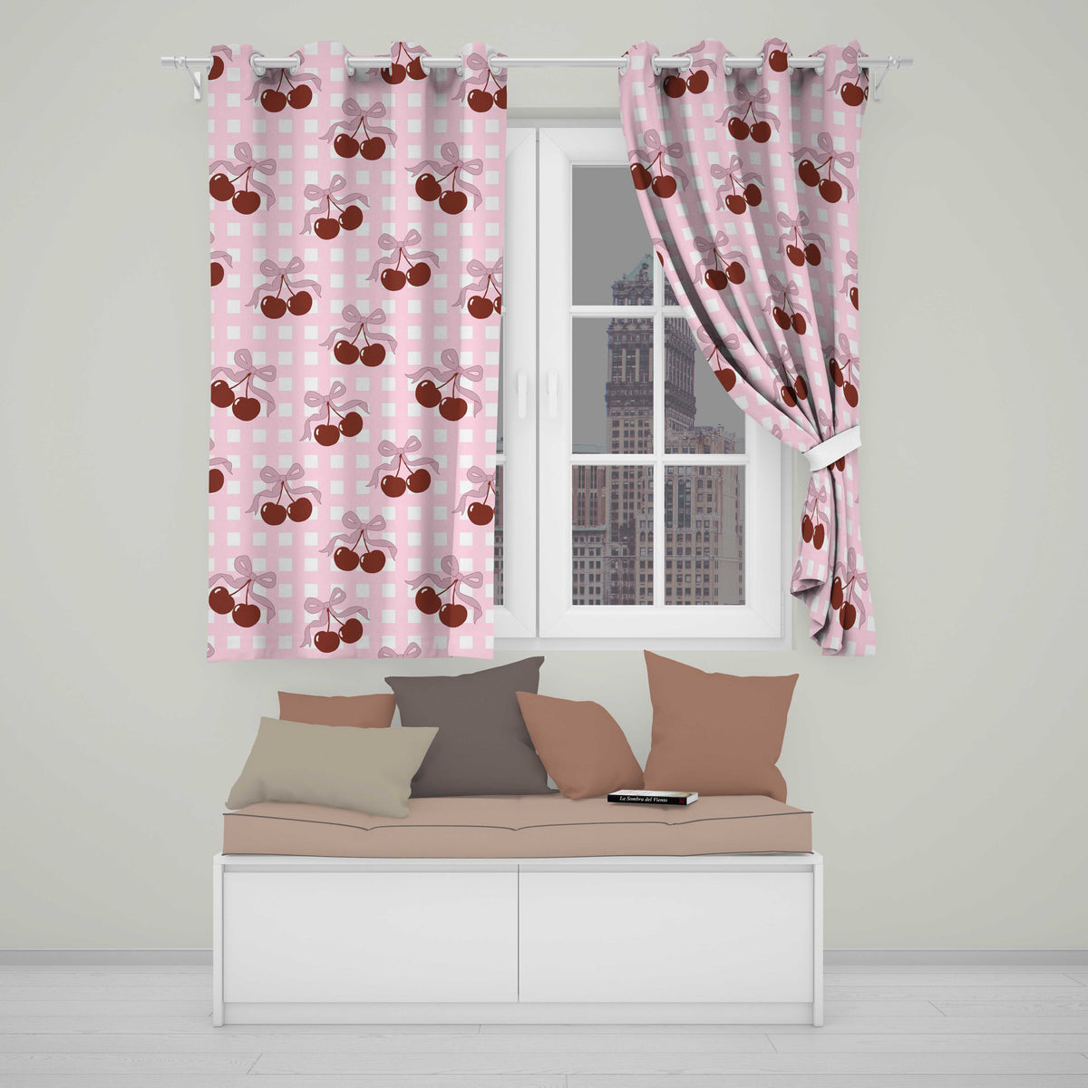 Cherry Bow Ribbon  Blush Gingham Soft Check Seamless  Readymade Eyelet Ring Top Thermal 100% Blackout Curtains