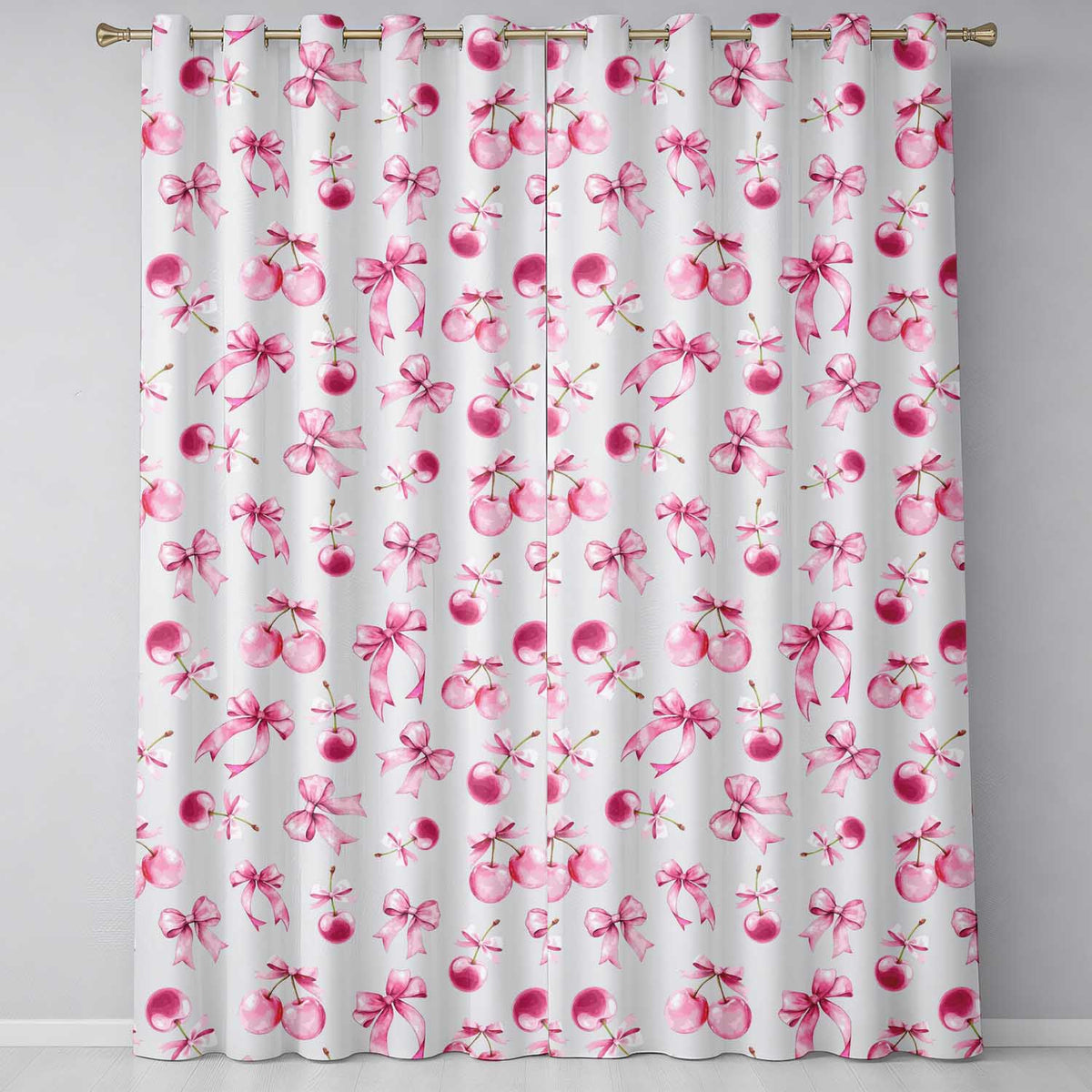 Watercolor Cherry Bow Ribbon Pastel Background Seamless  Readymade Eyelet Ring Top Thermal 100% Blackout Curtains