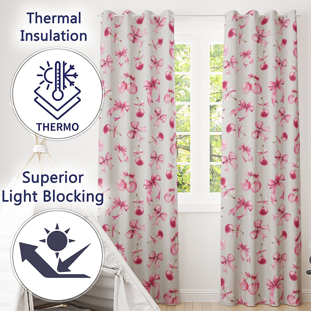 Watercolor Cherry Bow Ribbon Pastel Background Seamless  Readymade Eyelet Ring Top Thermal 100% Blackout Curtains