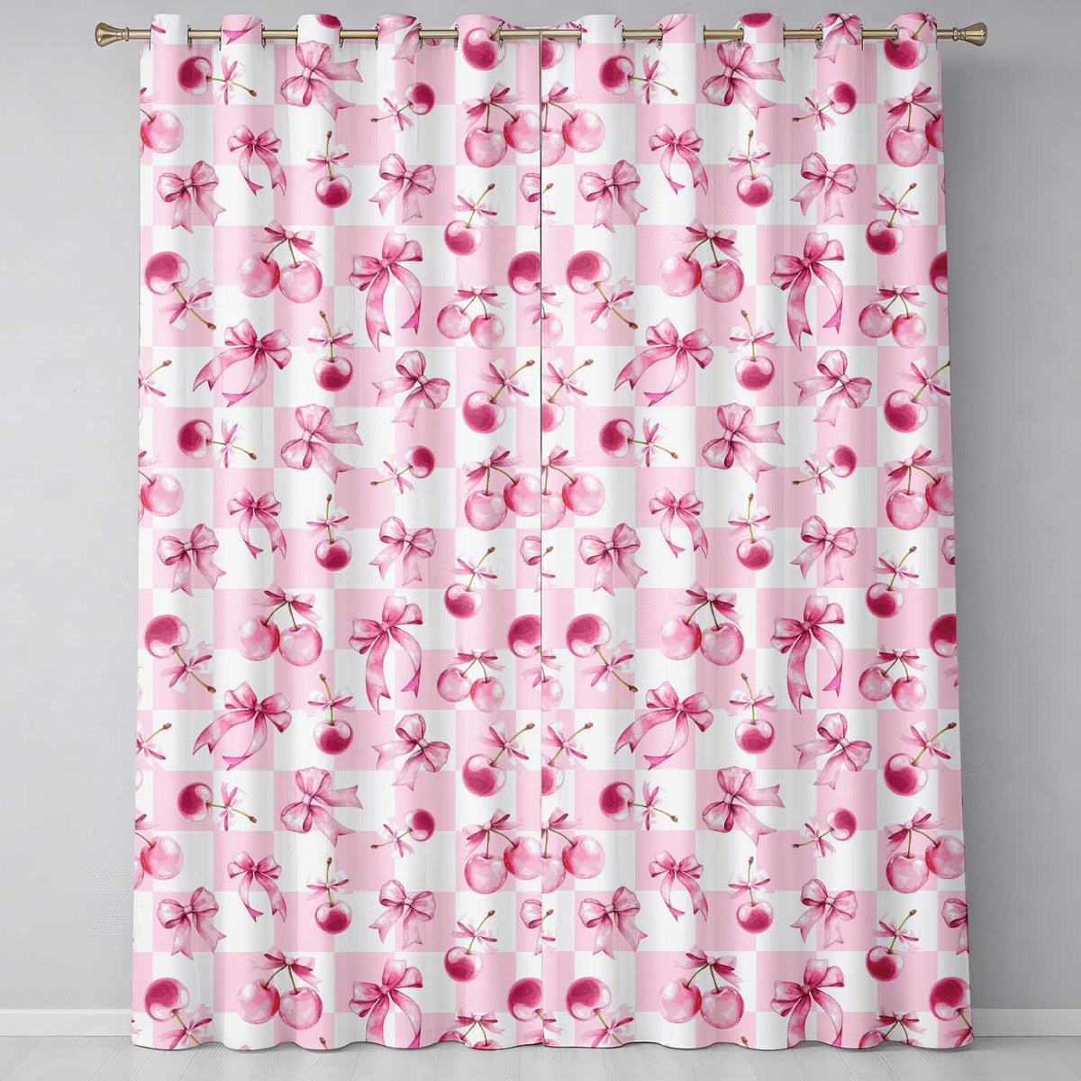 Watercolor Cherry Bow Ribbon Pink Gingham Picnic Check Seamless  Readymade Eyelet Ring Top Thermal 100% Blackout Curtains