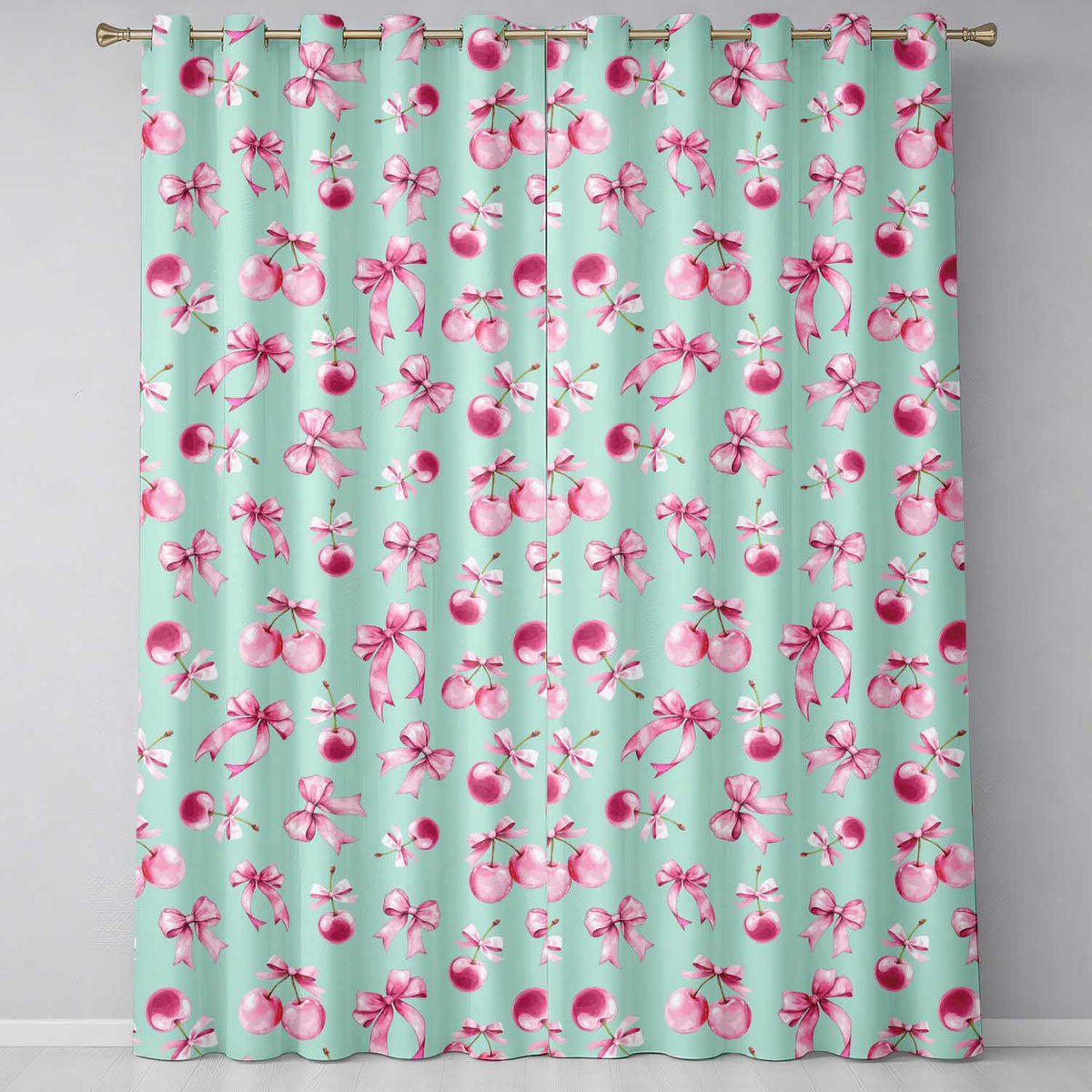 Watercolor Pink Cherry Ribbon Bow Seamless  Mint Background  Readymade Eyelet Ring Top Thermal 100% Blackout Curtains
