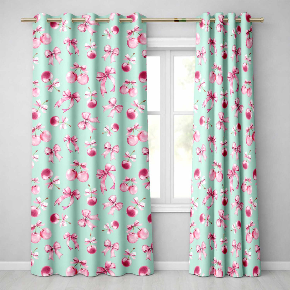 Watercolor Pink Cherry Ribbon Bow Seamless  Mint Background  Readymade Eyelet Ring Top Thermal 100% Blackout Curtains