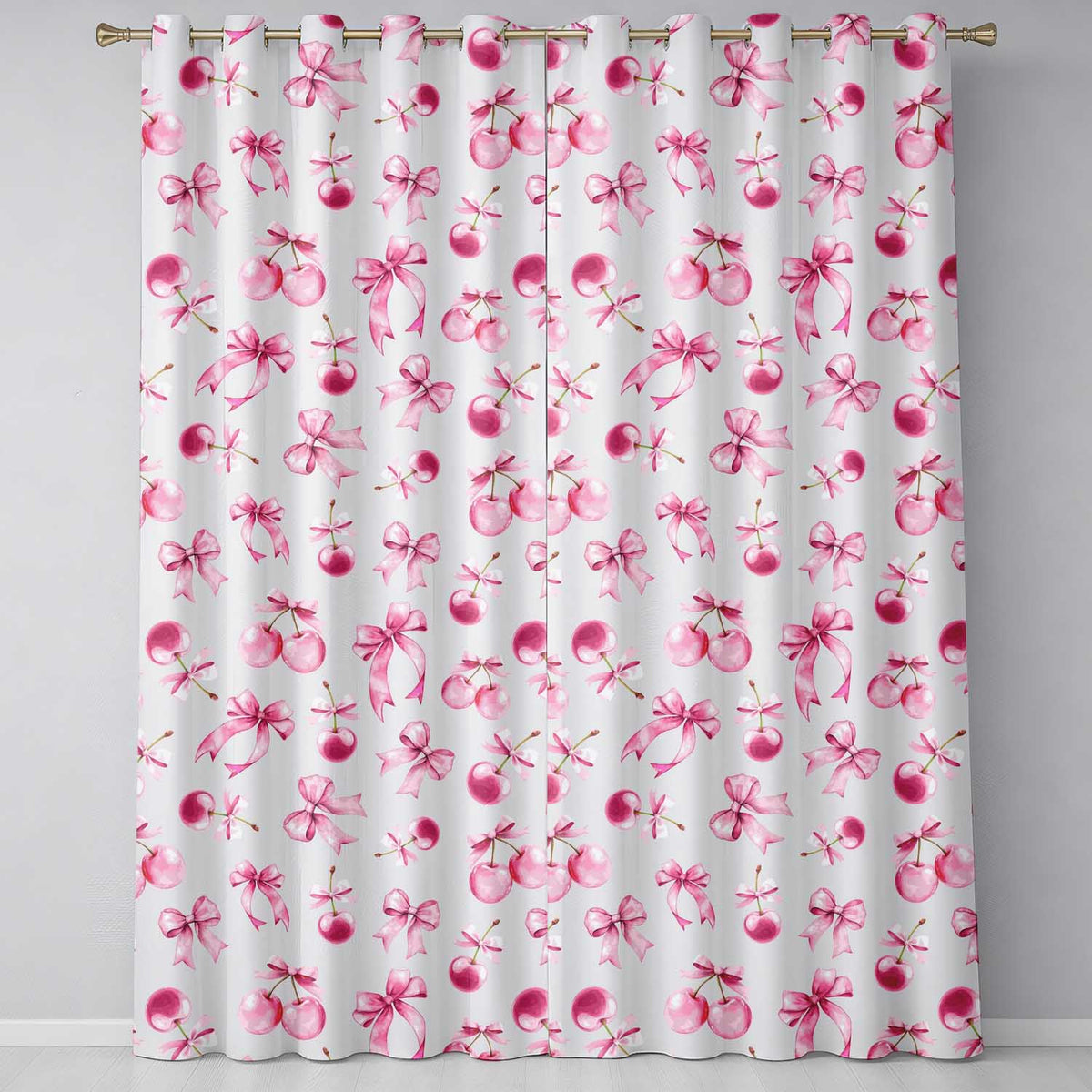 Watercolor Pink Cherry Ribbon Bow Seamless  Pastel Lilac Background  Readymade Eyelet Ring Top Thermal 100% Blackout Curtains