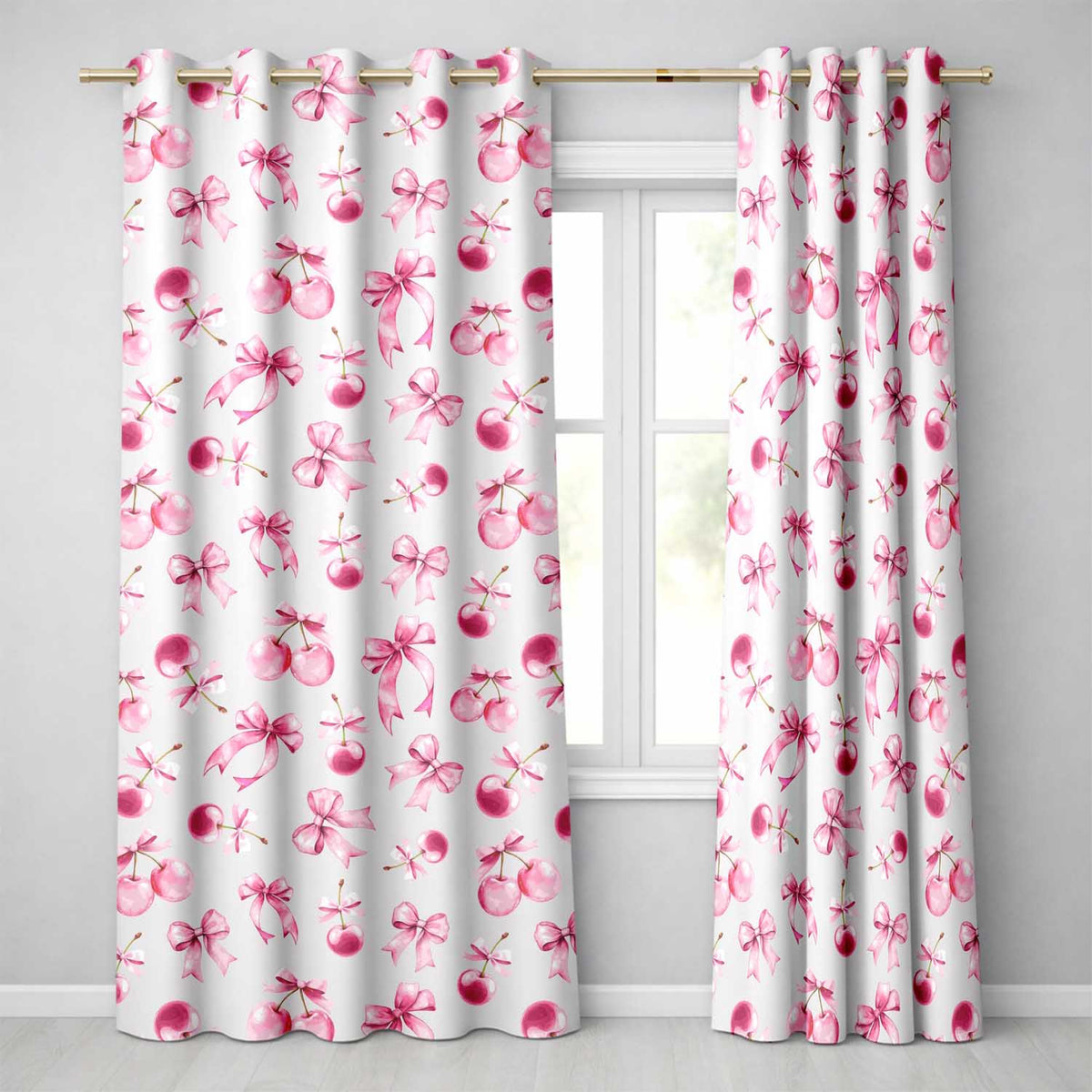 Watercolor Pink Cherry Ribbon Bow Seamless  Pastel Lilac Background  Readymade Eyelet Ring Top Thermal 100% Blackout Curtains