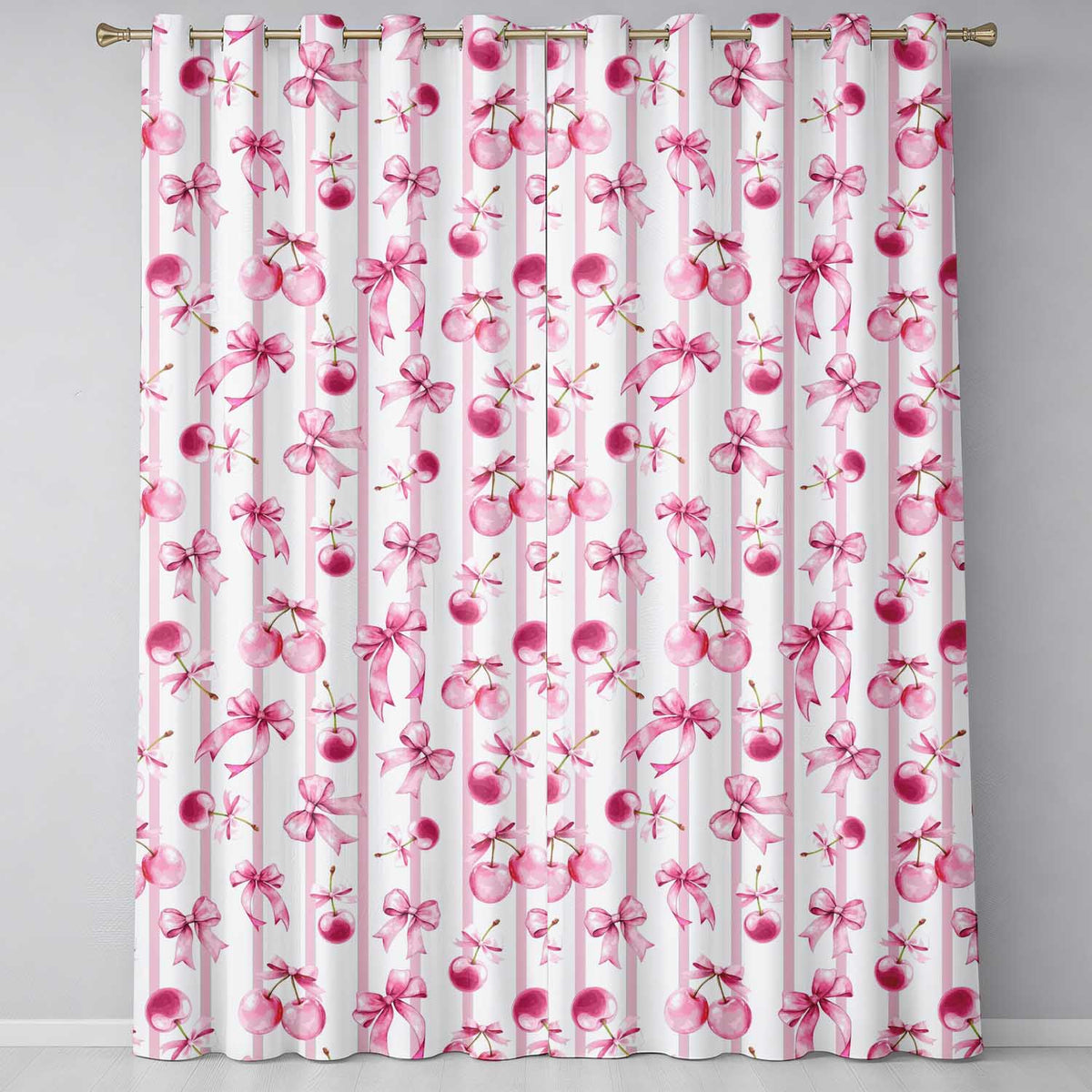 Watercolor Pink Cherry Ribbon Bow Seamless  Soft Pink Stripe Background  Readymade Eyelet Ring Top Thermal 100% Blackout Curtains