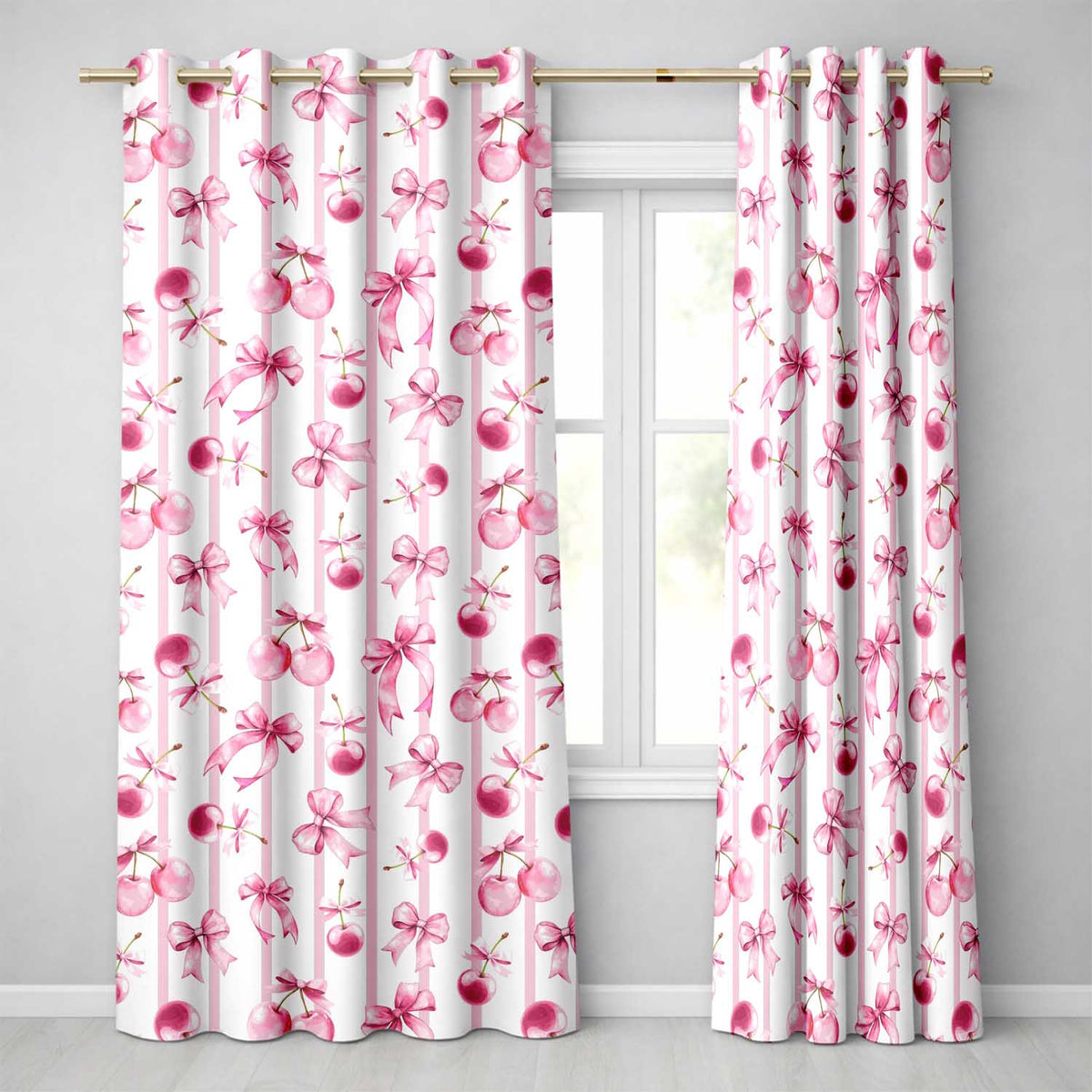 Watercolor Pink Cherry Ribbon Bow Seamless  Soft Pink Stripe Background  Readymade Eyelet Ring Top Thermal 100% Blackout Curtains