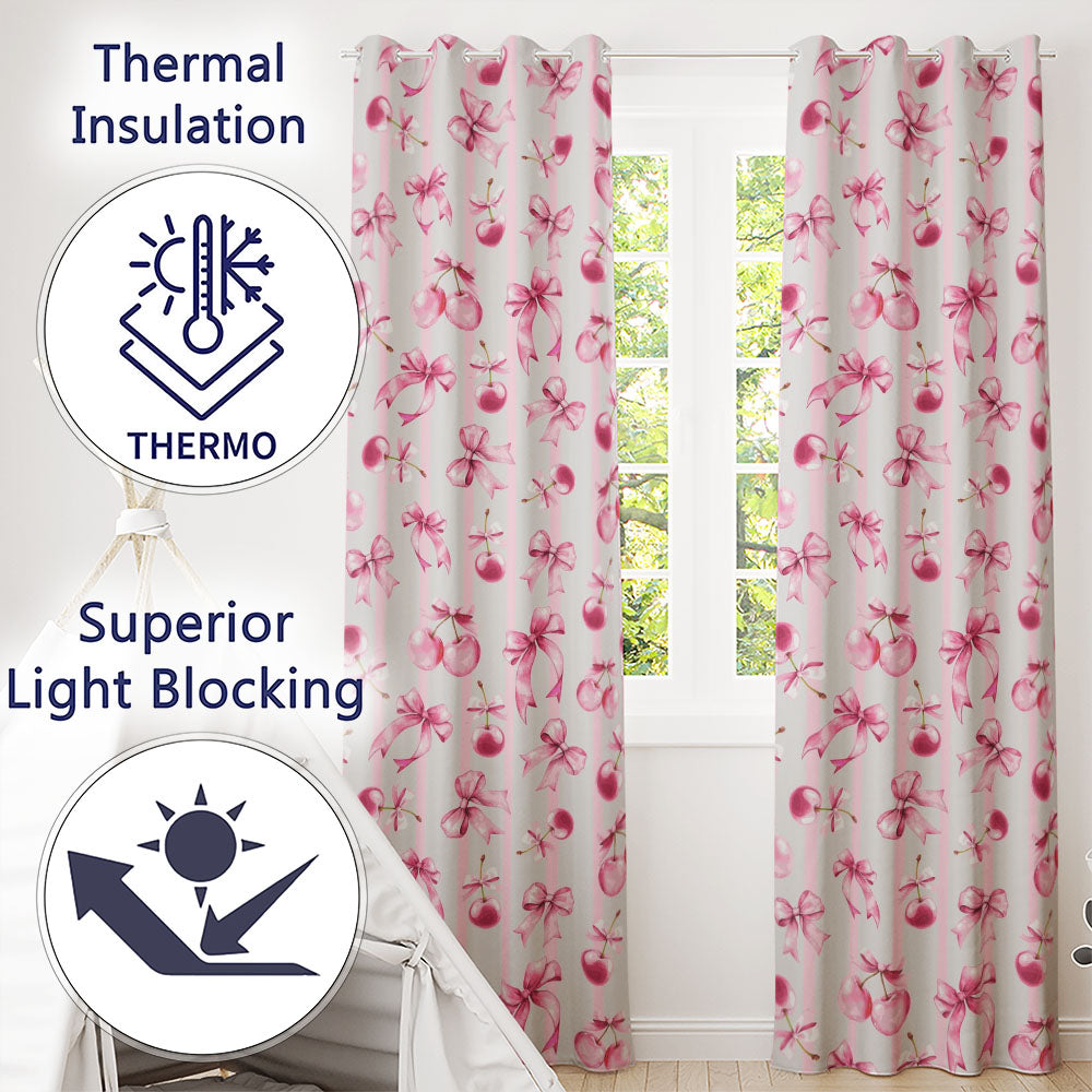 Watercolor Pink Cherry Ribbon Bow Seamless  Pink Stripe Background  Readymade Eyelet Ring Top Thermal 100% Blackout Curtains