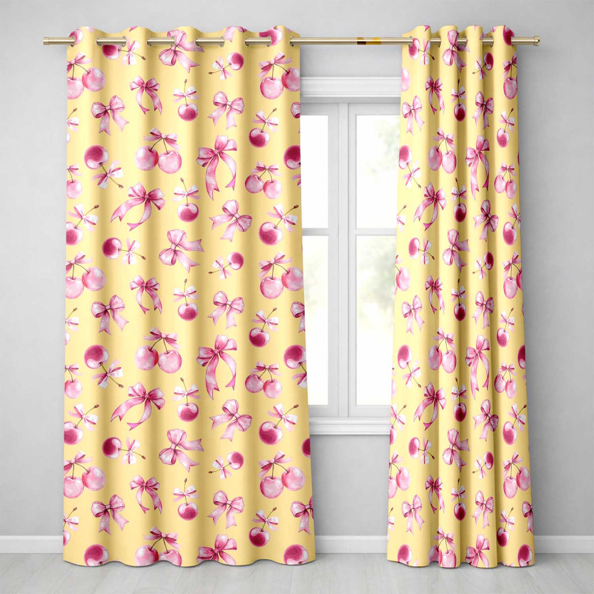 Watercolor Pink Cherry Ribbon Bow Seamless  Warm Yellow Background  Readymade Eyelet Ring Top Thermal 100% Blackout Curtains