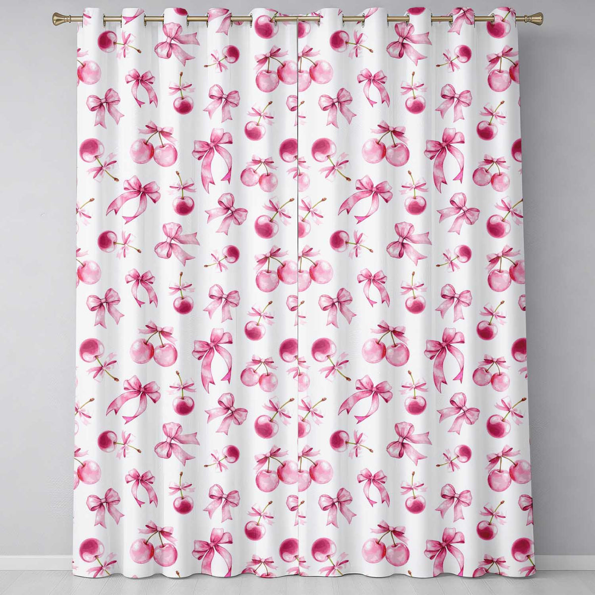 Watercolor Pink Cherry Ribbon Bow Seamless  Blush Neutral Background  Readymade Eyelet Ring Top Thermal 100% Blackout Curtains