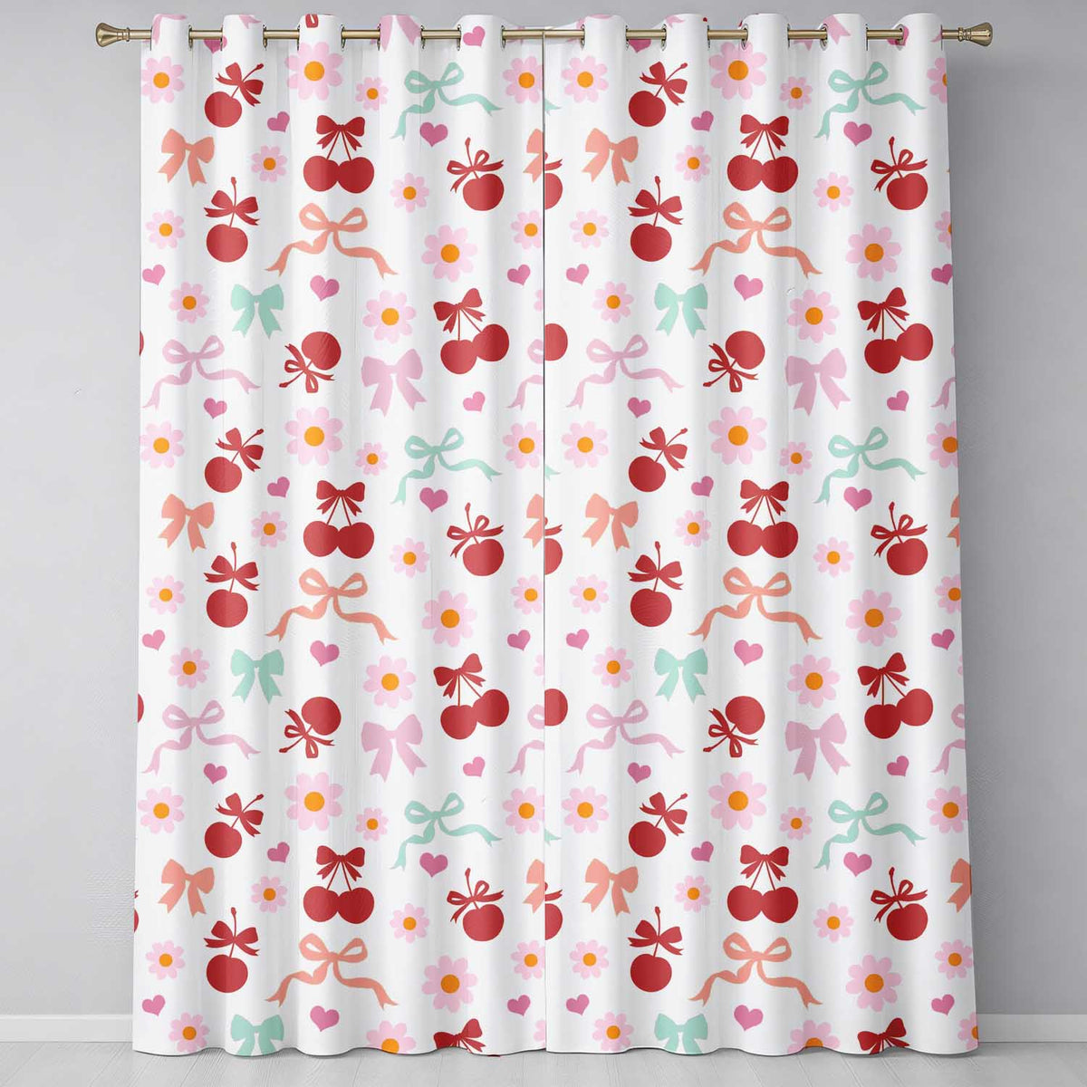 Cherry Bow Daisy Floral   Pastel Hearts and Flowers Background  Readymade Eyelet Ring Top Thermal 100% Blackout Curtains