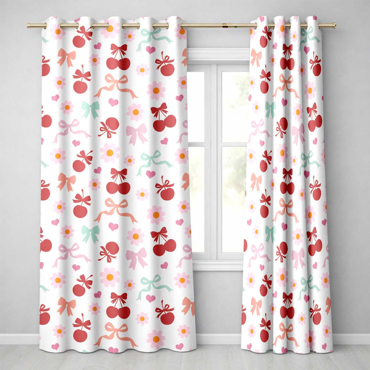 Cherry Bow Daisy Floral   Pastel Hearts and Flowers Background  Readymade Eyelet Ring Top Thermal 100% Blackout Curtains