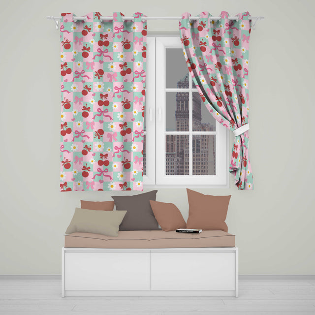 Cherry Bow Daisy Heart Seamless  on Mint and Pink Gingham Background  Readymade Eyelet Ring Top Thermal 100% Blackout Curtains