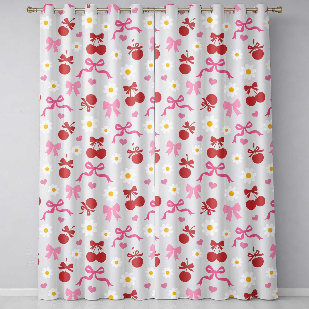 Cherry Bow Daisy Heart Seamless  on Light Neutral Cream Background  Readymade Eyelet Ring Top Thermal 100% Blackout Curtains