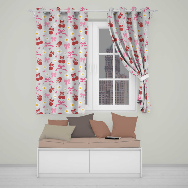 Cherry Bow Daisy Heart Seamless  on Warm White Background  Readymade Eyelet Ring Top Thermal 100% Blackout Curtains
