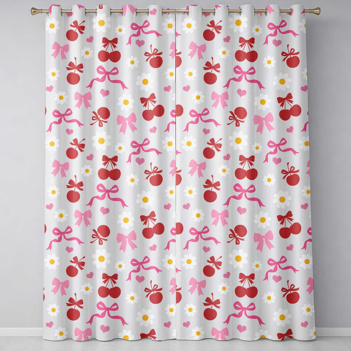 Cherry Bow Daisy Heart Seamless  on Warm White Background  Readymade Eyelet Ring Top Thermal 100% Blackout Curtains