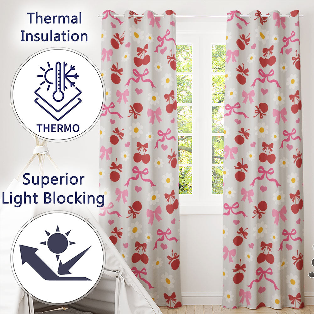 Cherry Bow Daisy Heart Seamless  on Warm White Background  Readymade Eyelet Ring Top Thermal 100% Blackout Curtains