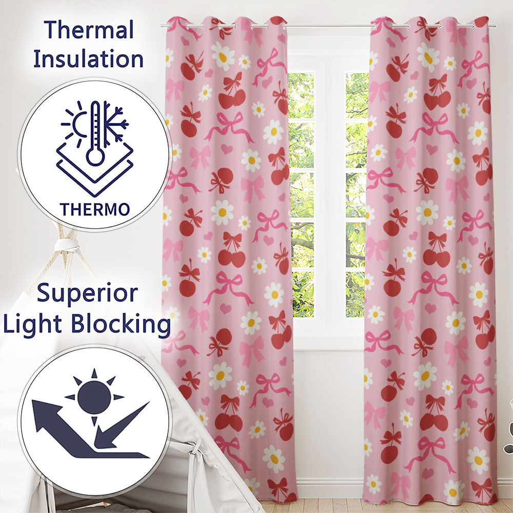 Cherry Bow Daisy Heart Seamless  on Light Pink  Background  Readymade Eyelet Ring Top Thermal 100% Blackout Curtains