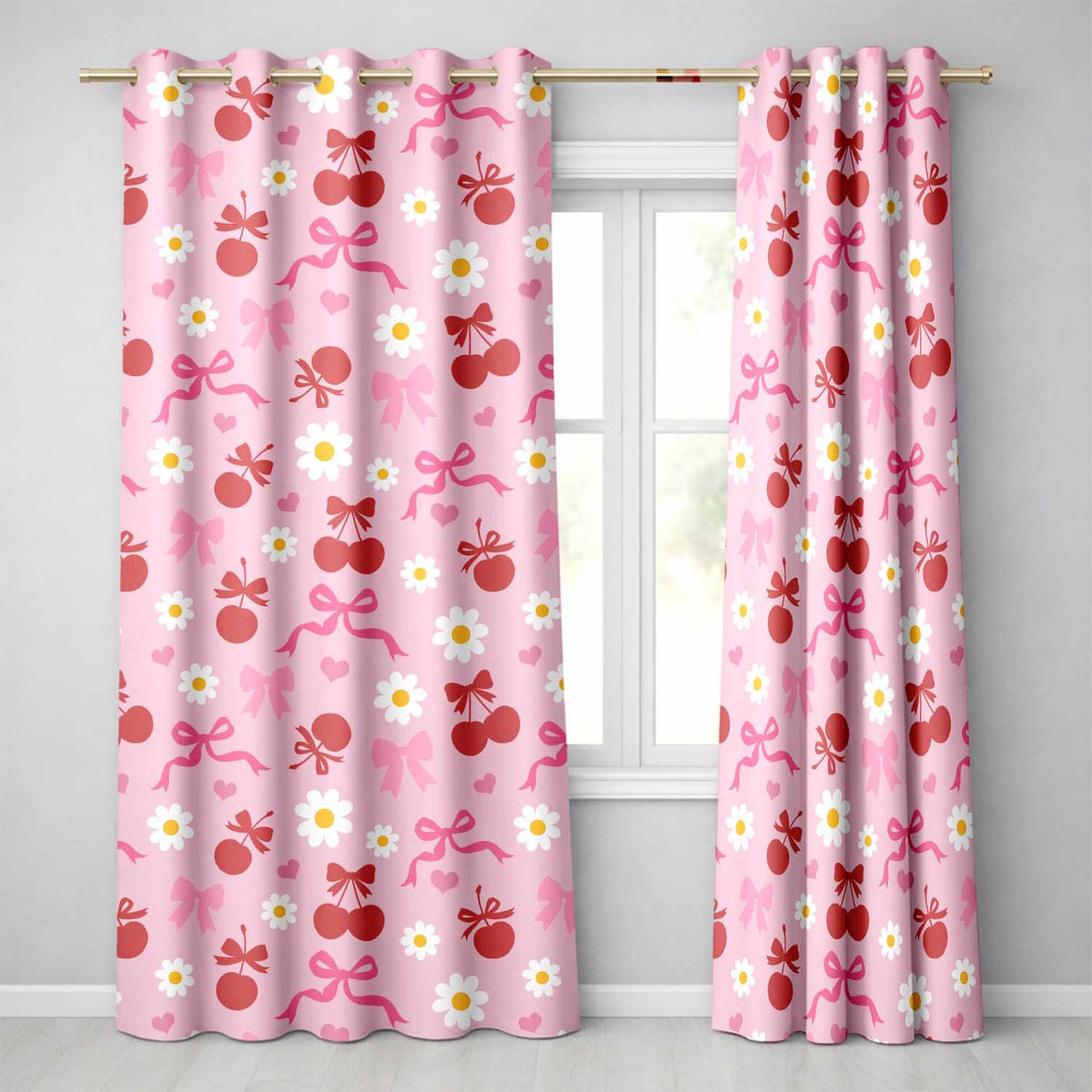 Cherry Bow Daisy Heart Seamless  on Light Pink  Background  Readymade Eyelet Ring Top Thermal 100% Blackout Curtains