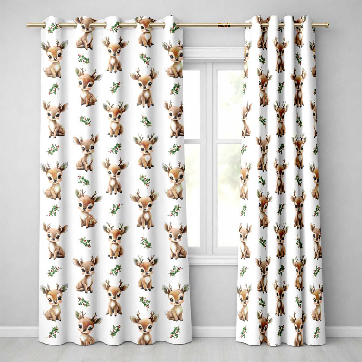 Baby Reindeer Holly Christmas Seamless  Readymade Eyelet Ring Top Thermal 100% Blackout Curtains