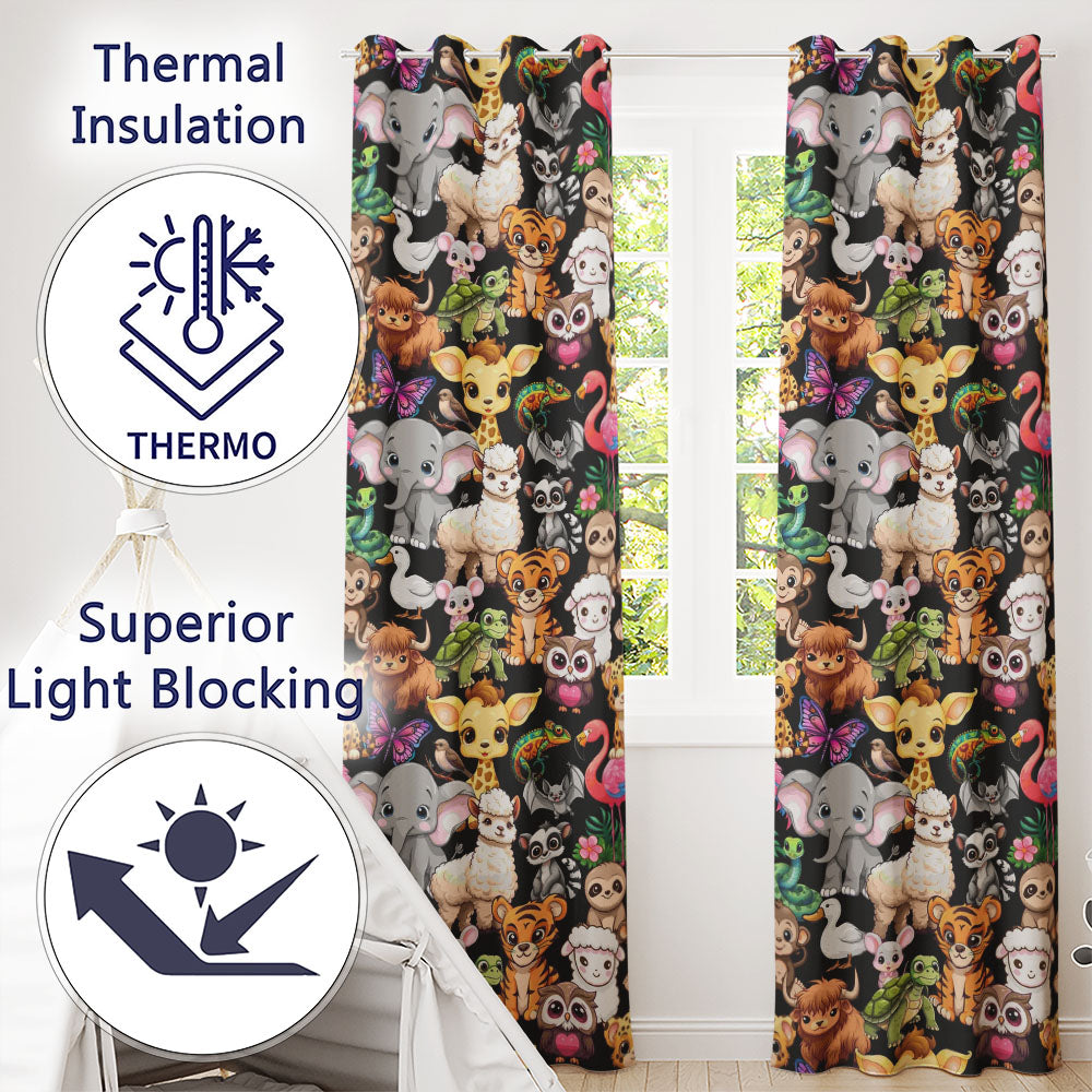Cartoon Jungle Safari Animals Seamless  on Black Background  Readymade Eyelet Ring Top Thermal 100% Blackout Curtains