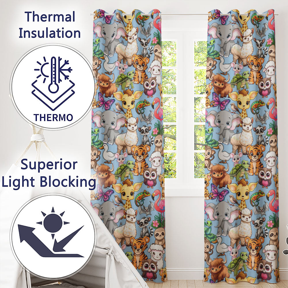 Cartoon Jungle Safari Animals Seamless  on Blue Background  Readymade Eyelet Ring Top Thermal 100% Blackout Curtains