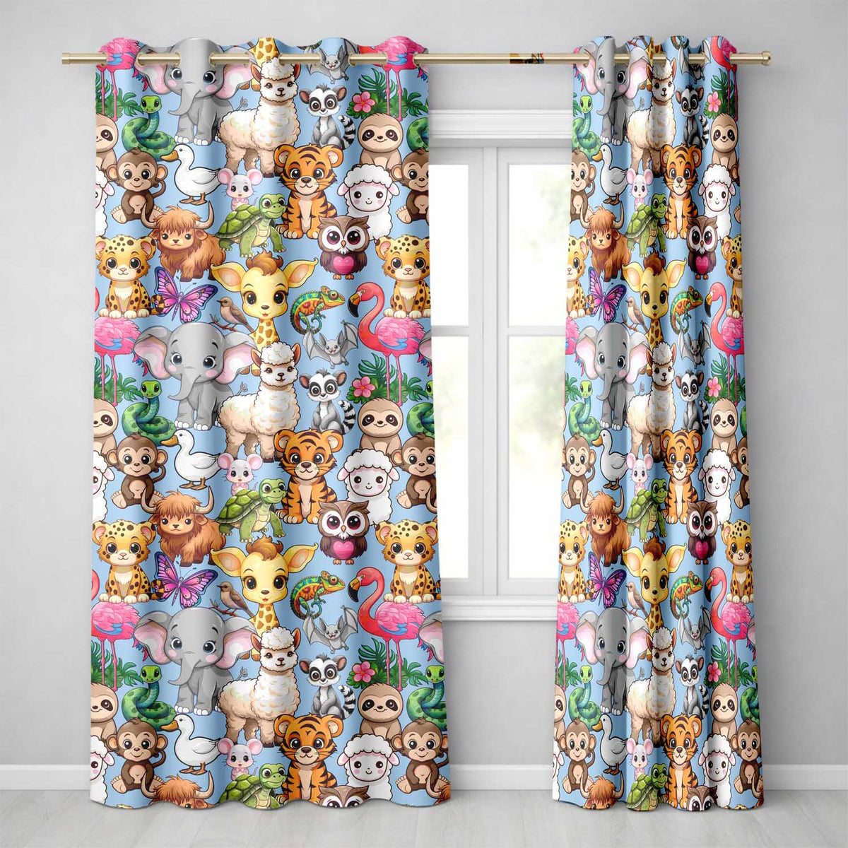 Cartoon Jungle Safari Animals Seamless  on Blue Background  Readymade Eyelet Ring Top Thermal 100% Blackout Curtains