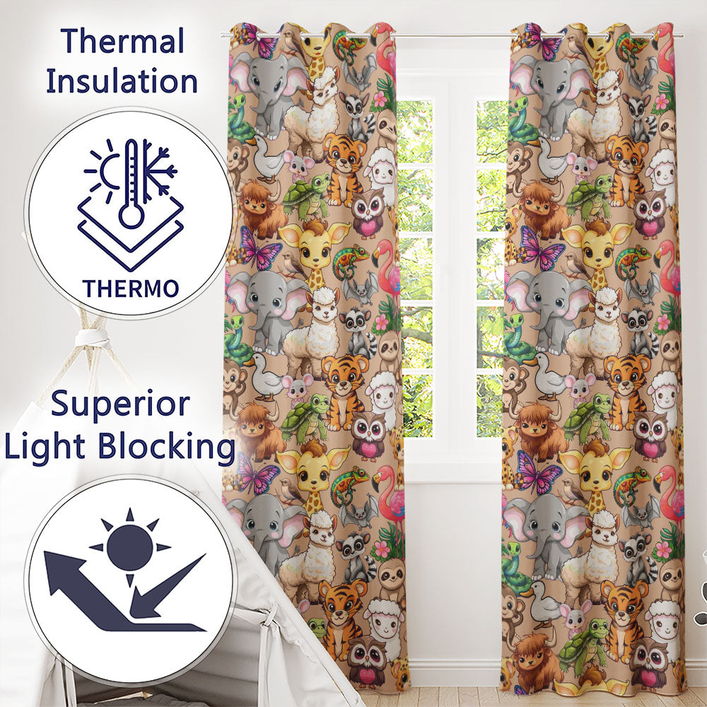 Cartoon Jungle Safari Animals Seamless  on Peach Background  Readymade Eyelet Ring Top Thermal 100% Blackout Curtains