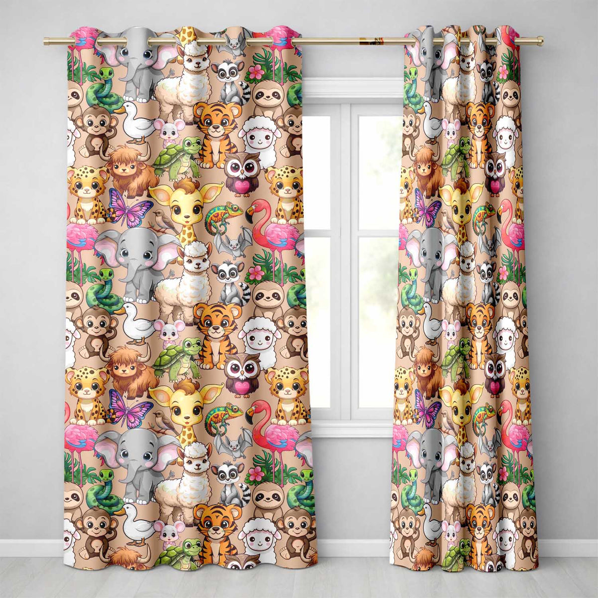 Cartoon Jungle Safari Animals Seamless  on Peach Background  Readymade Eyelet Ring Top Thermal 100% Blackout Curtains
