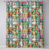 Cartoon Jungle Safari Animals Seamless  on Green Background  Readymade Eyelet Ring Top Thermal 100% Blackout Curtains