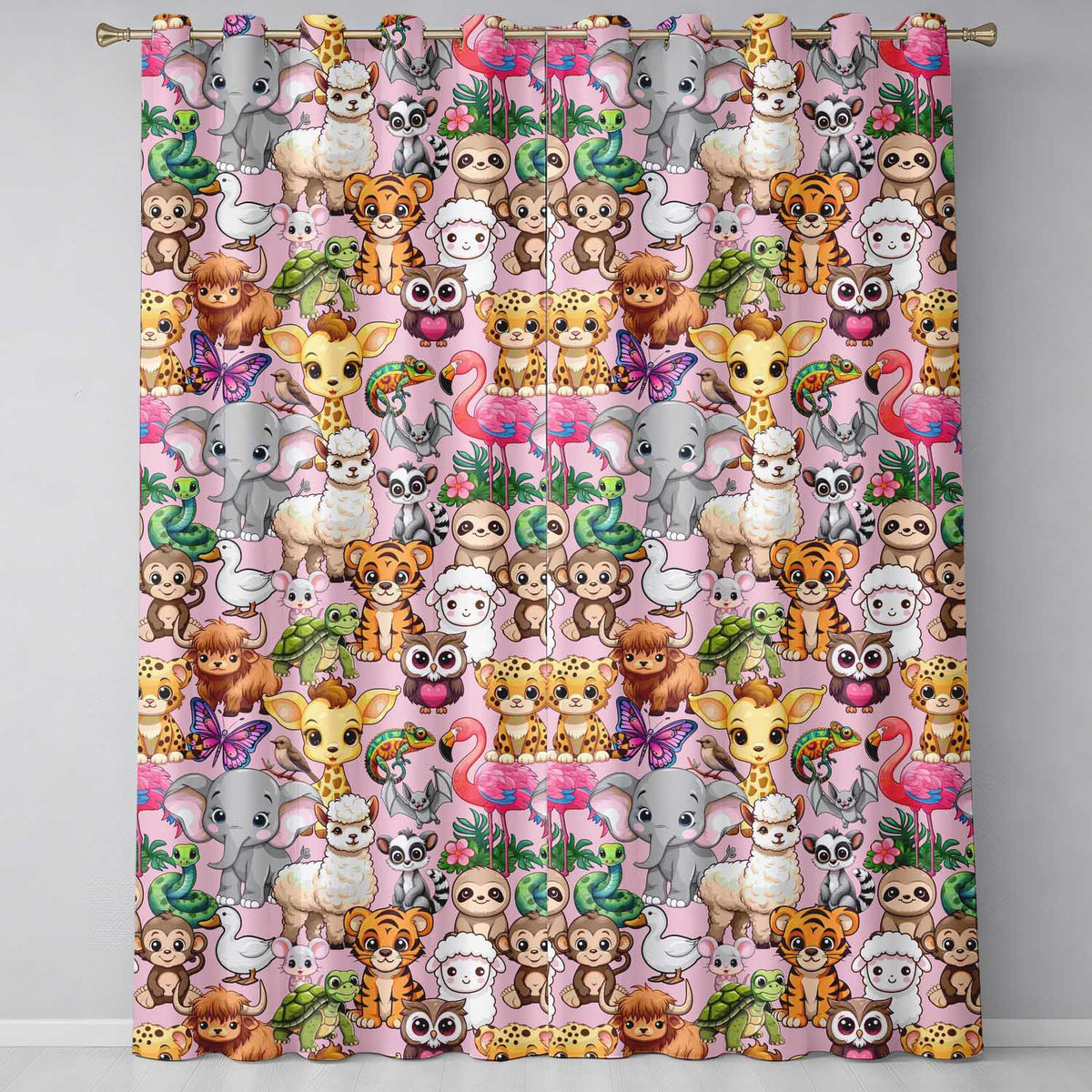 Cartoon Jungle Safari Animals Seamless  on Light Pink Background  Readymade Eyelet Ring Top Thermal 100% Blackout Curtains