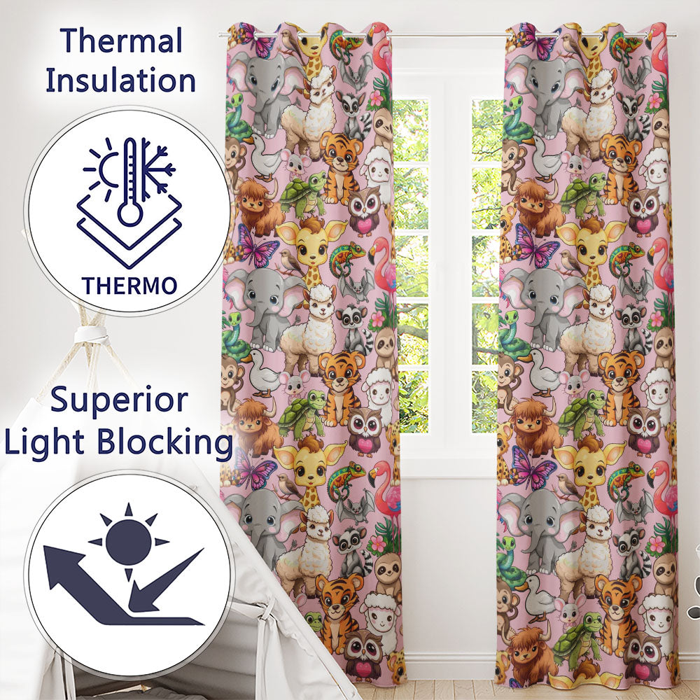 Cartoon Jungle Safari Animals Seamless  on Light Pink Background  Readymade Eyelet Ring Top Thermal 100% Blackout Curtains