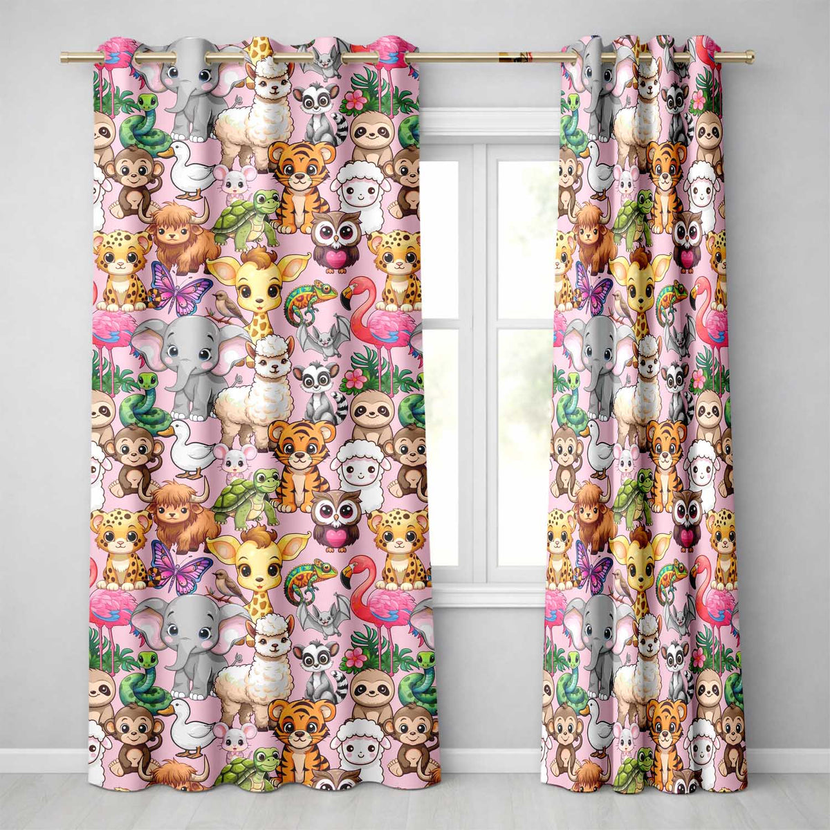 Cartoon Jungle Safari Animals Seamless  on Light Pink Background  Readymade Eyelet Ring Top Thermal 100% Blackout Curtains
