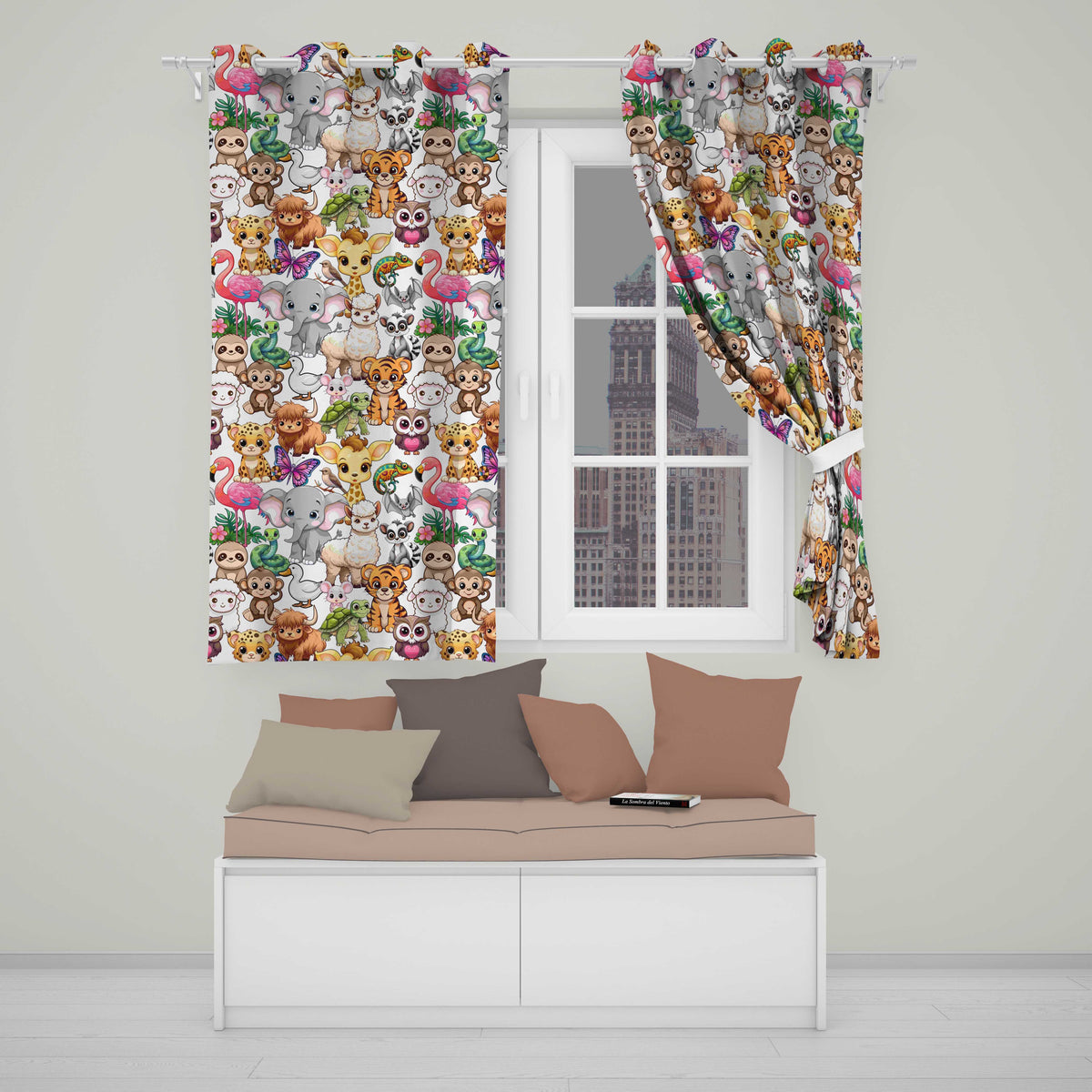 Cartoon Jungle Safari Animals Seamless  on White Background  Readymade Eyelet Ring Top Thermal 100% Blackout Curtains