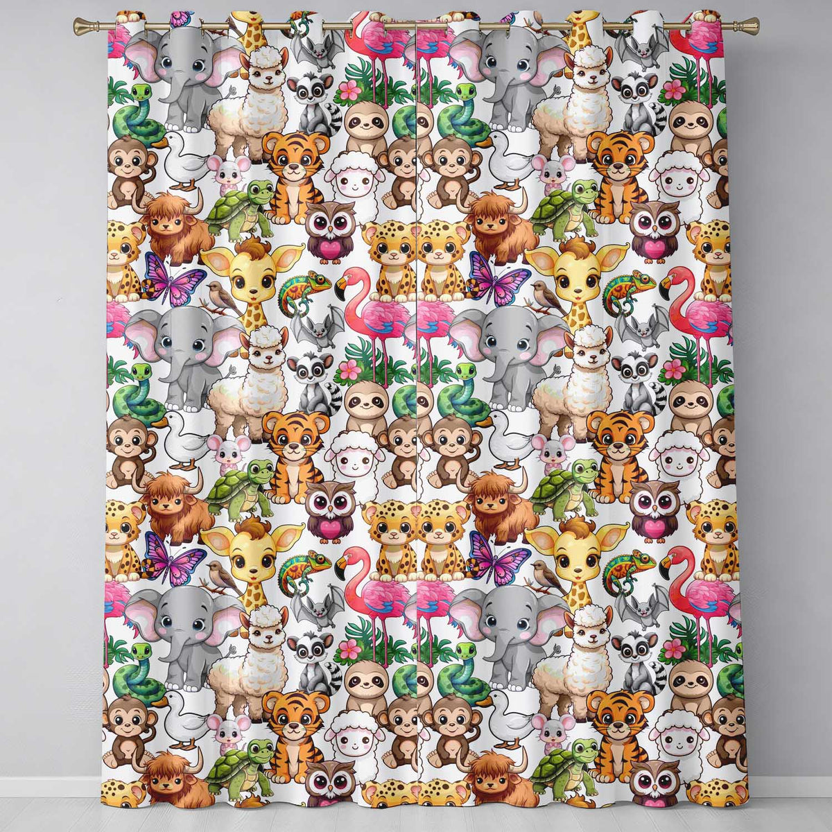 Cartoon Jungle Safari Animals Seamless  on White Background  Readymade Eyelet Ring Top Thermal 100% Blackout Curtains