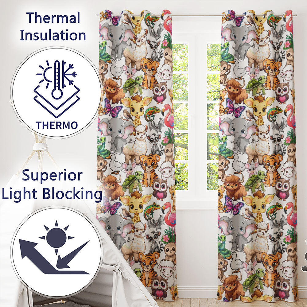 Cartoon Jungle Safari Animals Seamless  on White Background  Readymade Eyelet Ring Top Thermal 100% Blackout Curtains