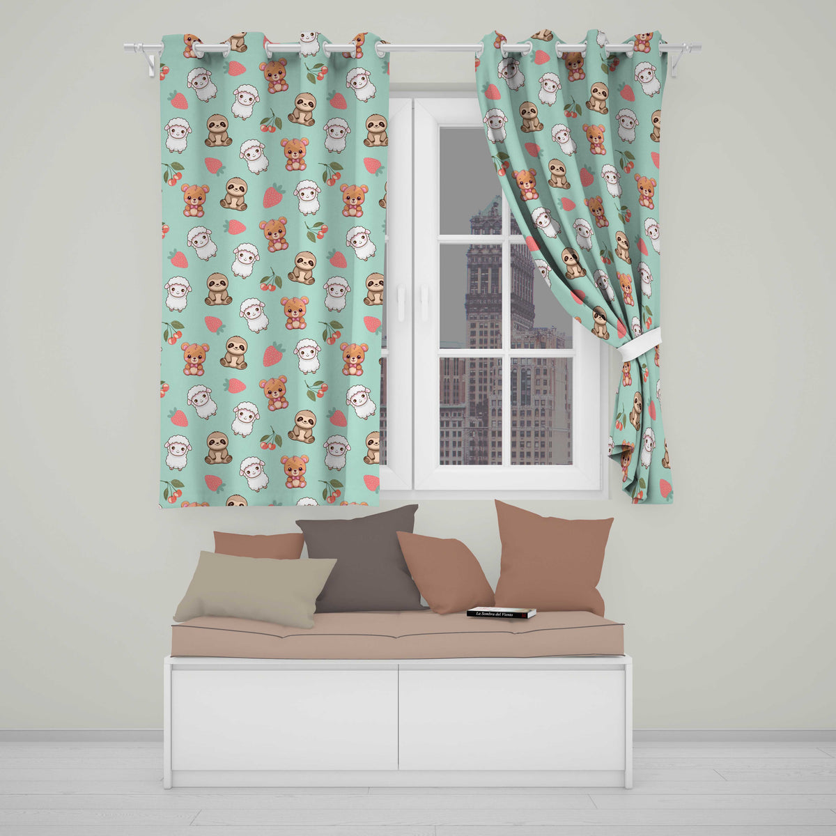 Bear Sloth Lamb Cherry Strawberry Seamless  on Mint  Readymade Eyelet Ring Top Thermal 100% Blackout Curtains