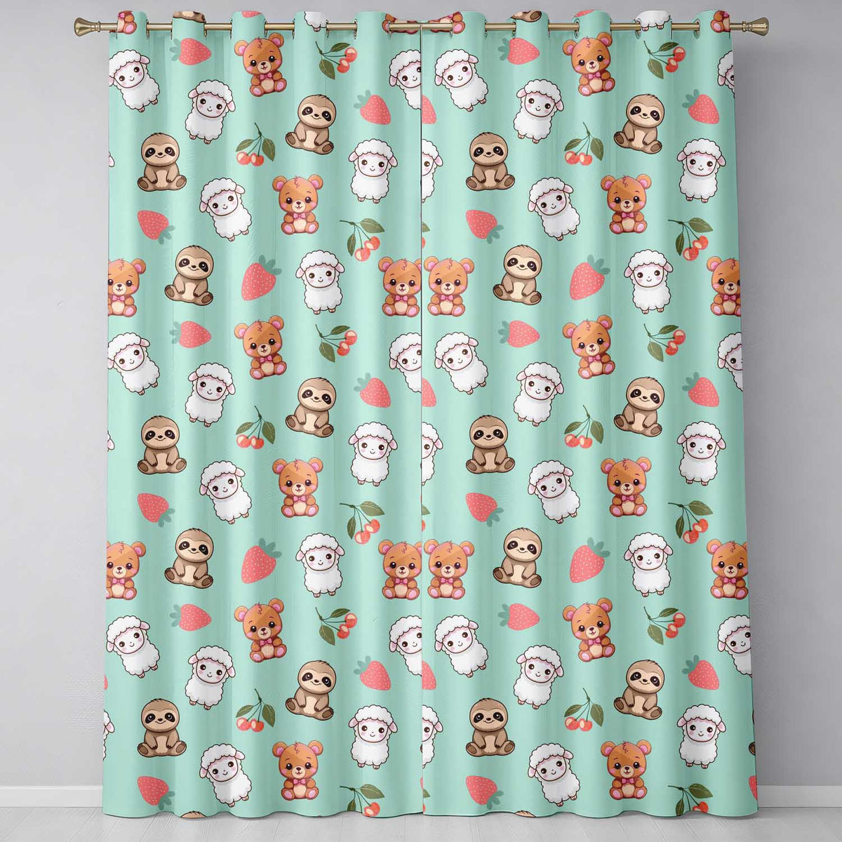 Bear Sloth Lamb Cherry Strawberry Seamless  on Mint  Readymade Eyelet Ring Top Thermal 100% Blackout Curtains