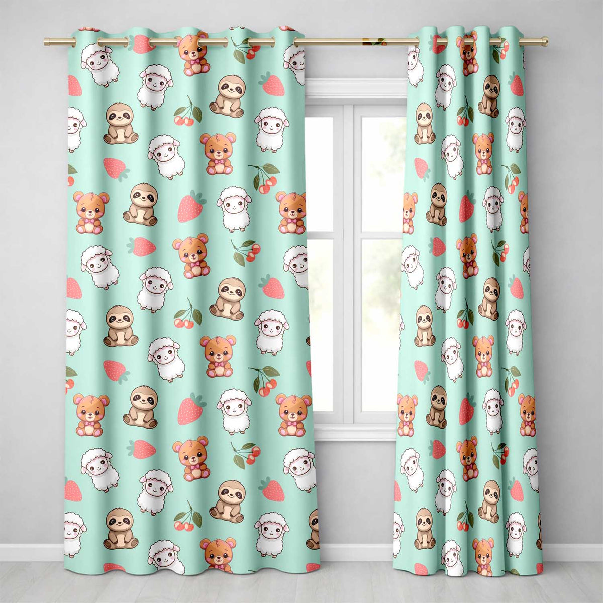 Bear Sloth Lamb Cherry Strawberry Seamless  on Mint  Readymade Eyelet Ring Top Thermal 100% Blackout Curtains