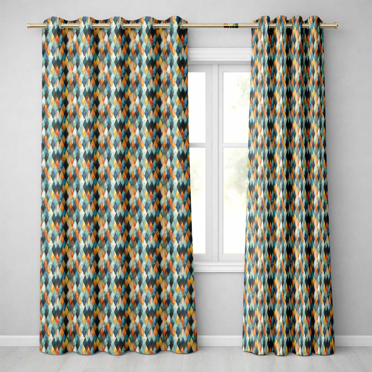 Abstract Diamond Mosaic Seamless  in Teal Orange Blue  Readymade Eyelet Ring Top Thermal 100% Blackout Curtains