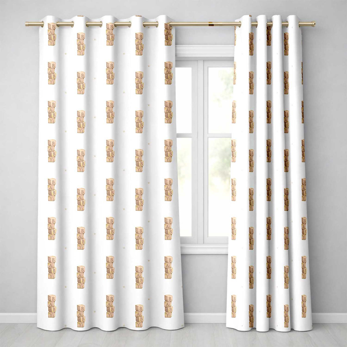 Baby Wooden Alphabet Blocks Seamless  on Soft Grey  Readymade Eyelet Ring Top Thermal 100% Blackout Curtains