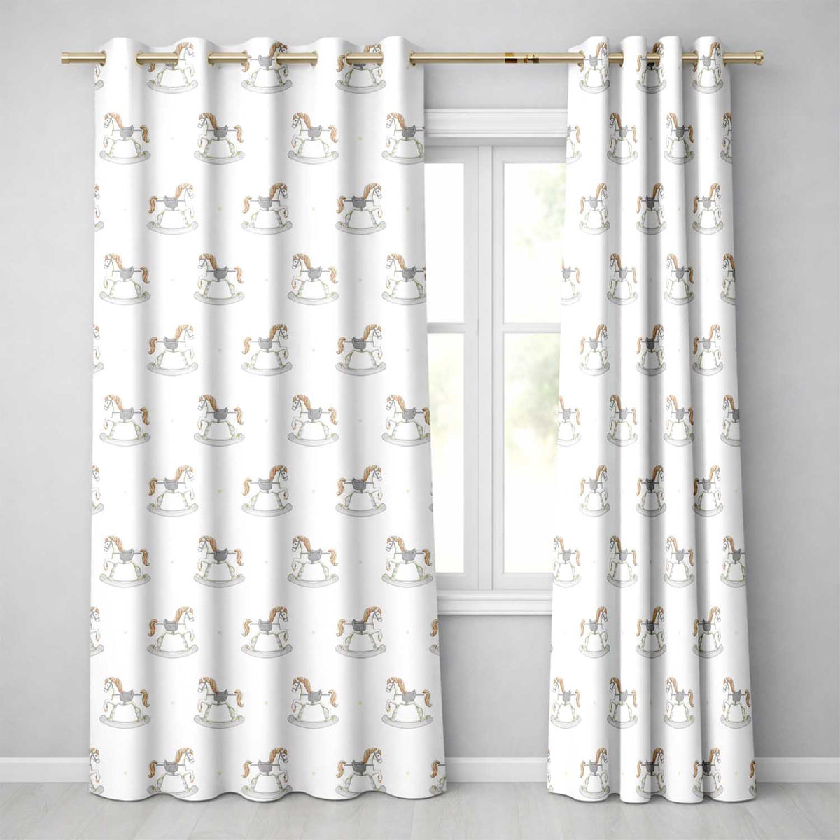 Vintage Wooden Rocking Horse Seamless  on Soft Neutral Background  Readymade Eyelet Ring Top Thermal 100% Blackout Curtains