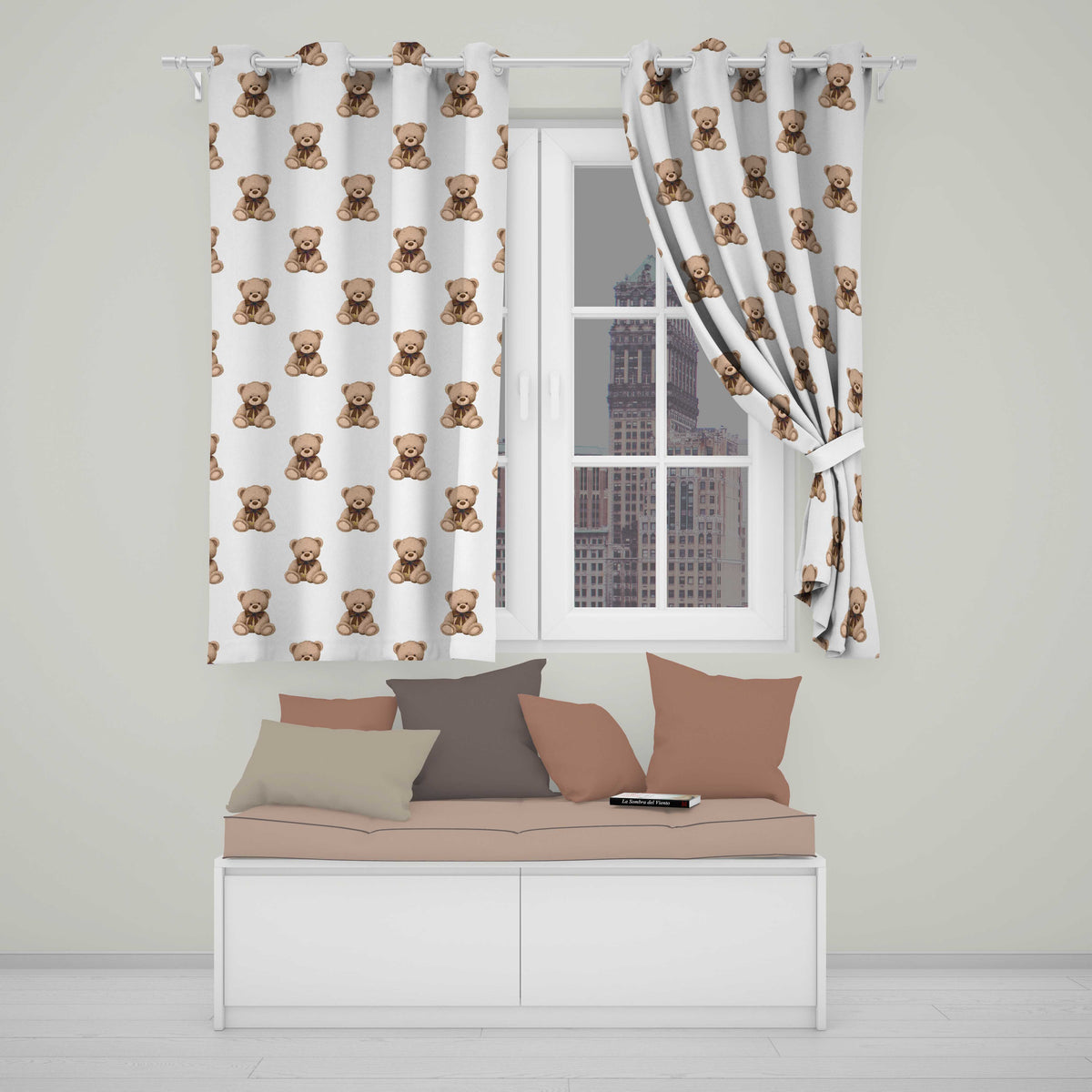Teddy Bear Plush Toy Seamless  on Soft Grey Background  Readymade Eyelet Ring Top Thermal 100% Blackout Curtains
