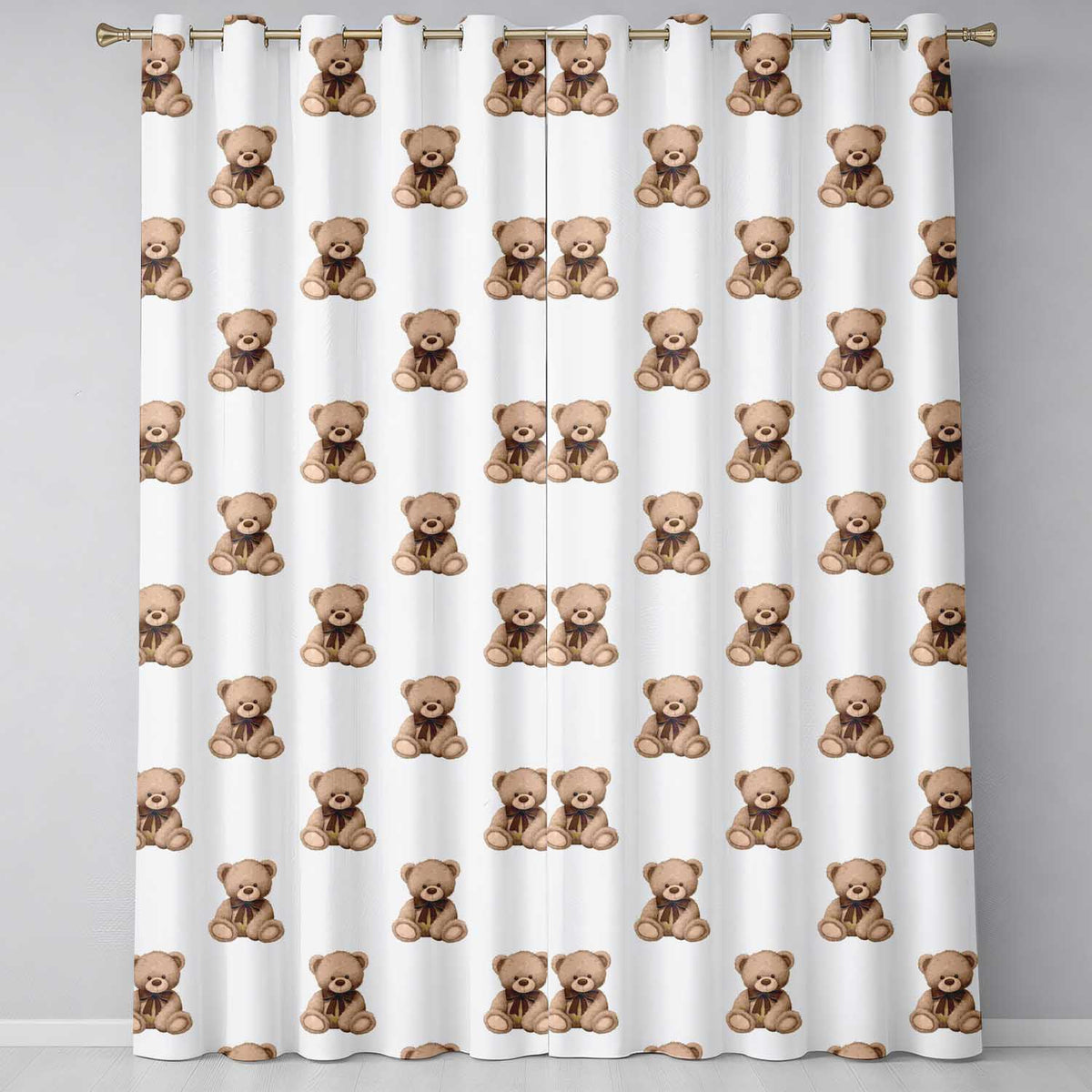 Teddy Bear Plush Toy Seamless  on Soft Grey Background  Readymade Eyelet Ring Top Thermal 100% Blackout Curtains