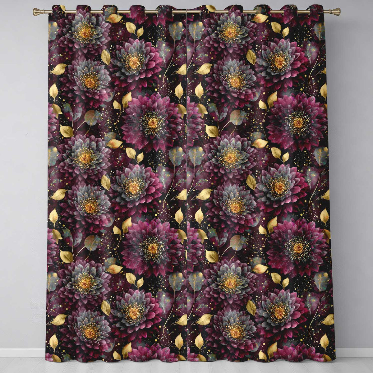 Luxury Dark Floral Gold Leaf Seamless  on Black Background  Readymade Eyelet Ring Top Thermal 100% Blackout Curtains
