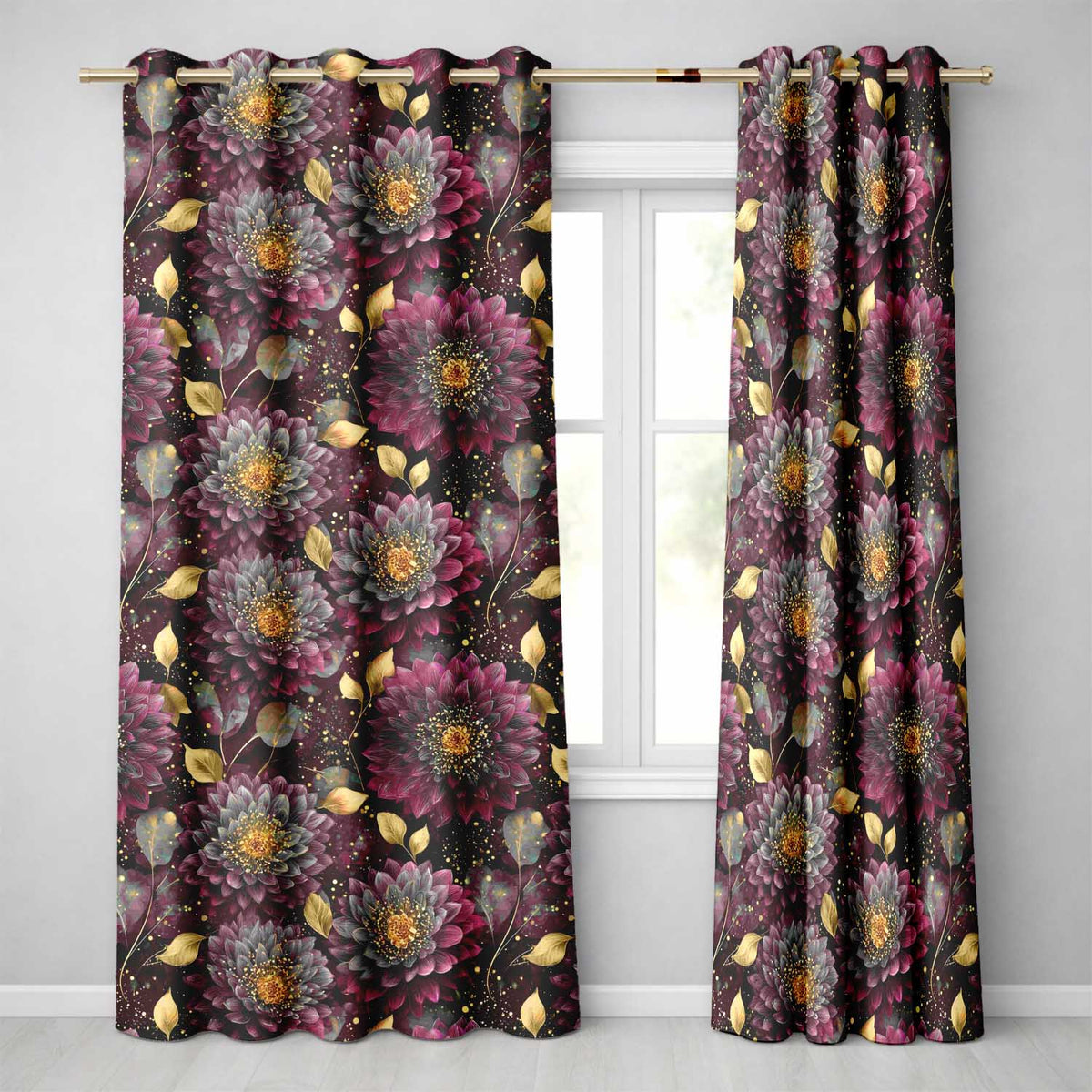 Luxury Dark Floral Gold Leaf Seamless  on Black Background  Readymade Eyelet Ring Top Thermal 100% Blackout Curtains